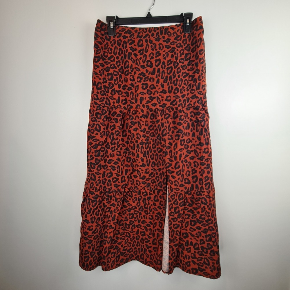 NINE WEST Women's Leopard‎ Print Tiered Maxi Skirt Medium Front Slit Fall Boho